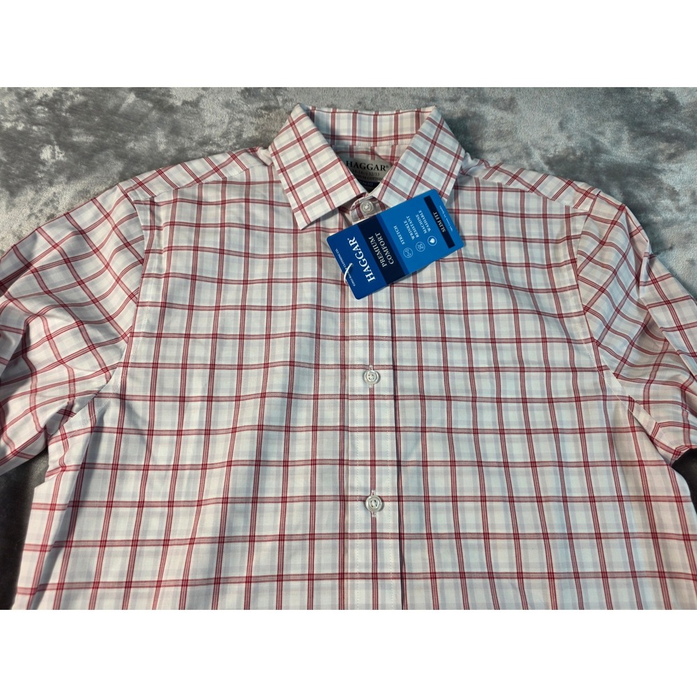 Haggar Dress Shirt Men 14-14.5 32/33 Red/White Plaid Slim Fit Stretch Comfort